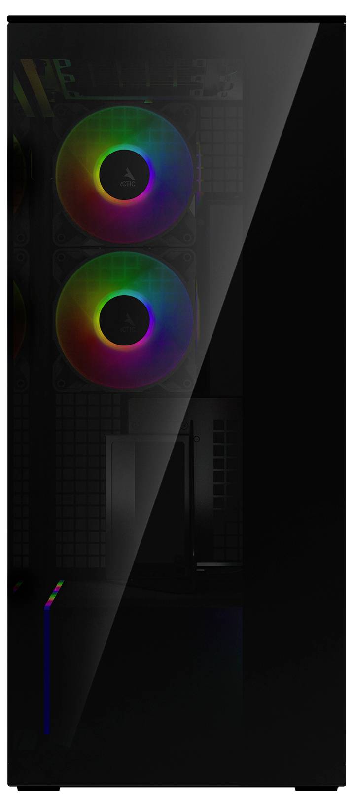 Čierny počítačový kryt s priehľadným bočným panelom odhaľuje dva svetielkujúce RGB ventilátory vo vnútri.