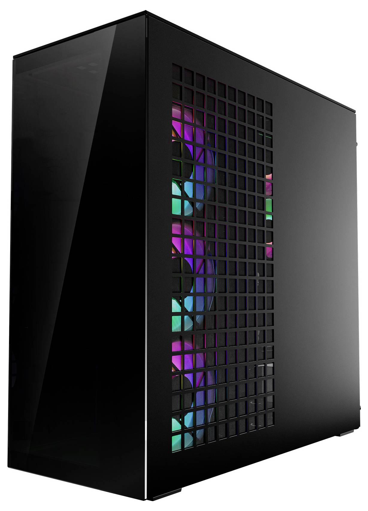 Elegantná, čierna PC skrinka s priesvitným bočným panelom a internými RGB svetlami viditeľnými cez mriežkový dizajn na prednej strane.