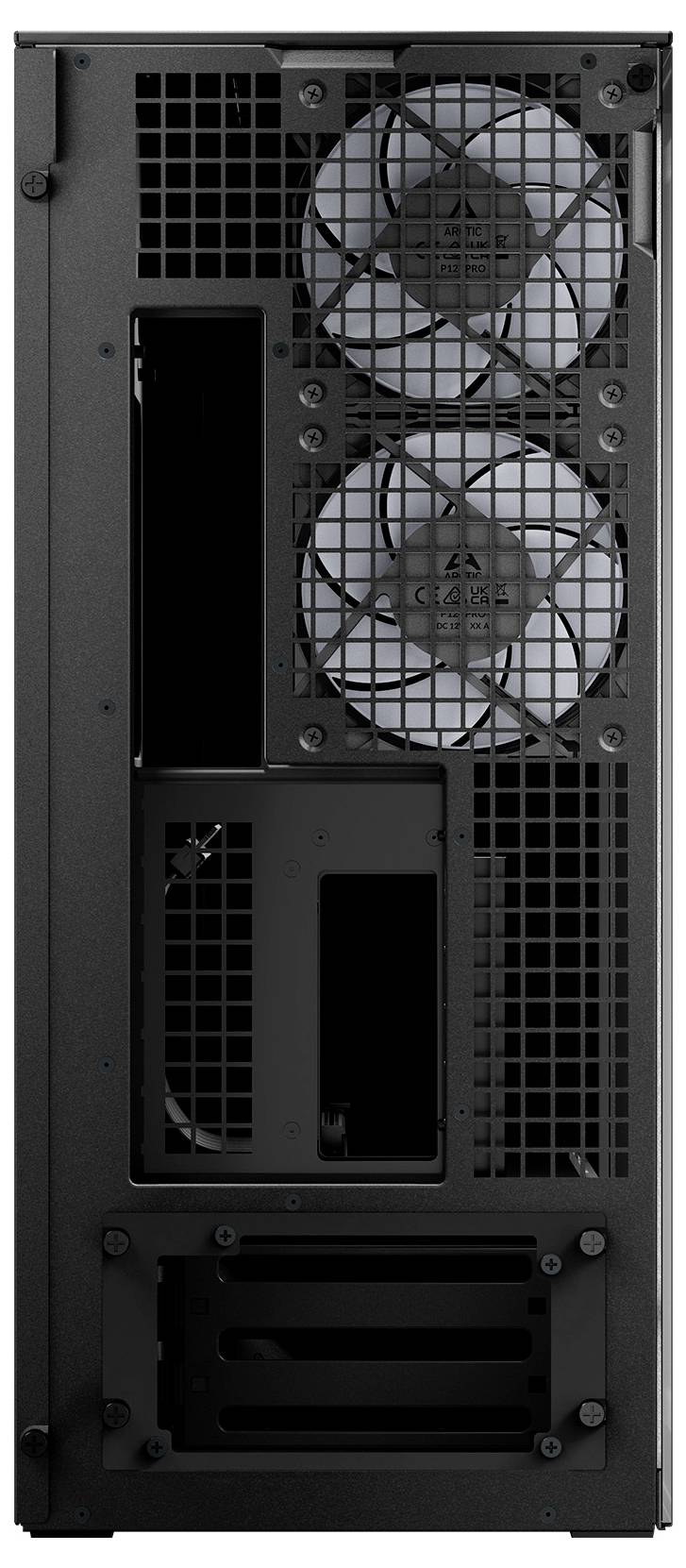 Zadný panel počítačovej skrine zobrazujúci dva chladiace ventilátory, viaceré vetrácie a rozširujúce sloty pre hardvérové komponenty.