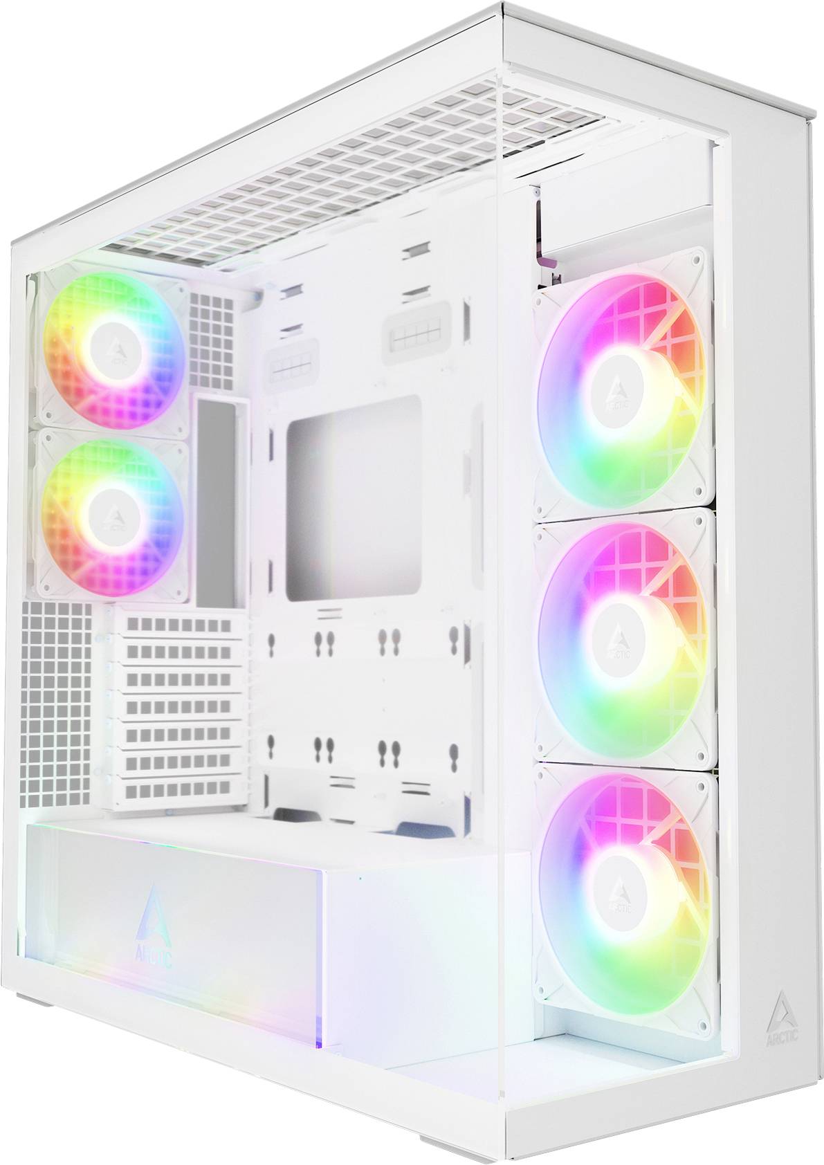 Biely počítačový kryt so štyrmi dúhovými LED ventilátormi v priesvitnom bočnom paneli, zdôrazňujúci prispôsobiteľné RGB osvetlenie pre herné zostavy.