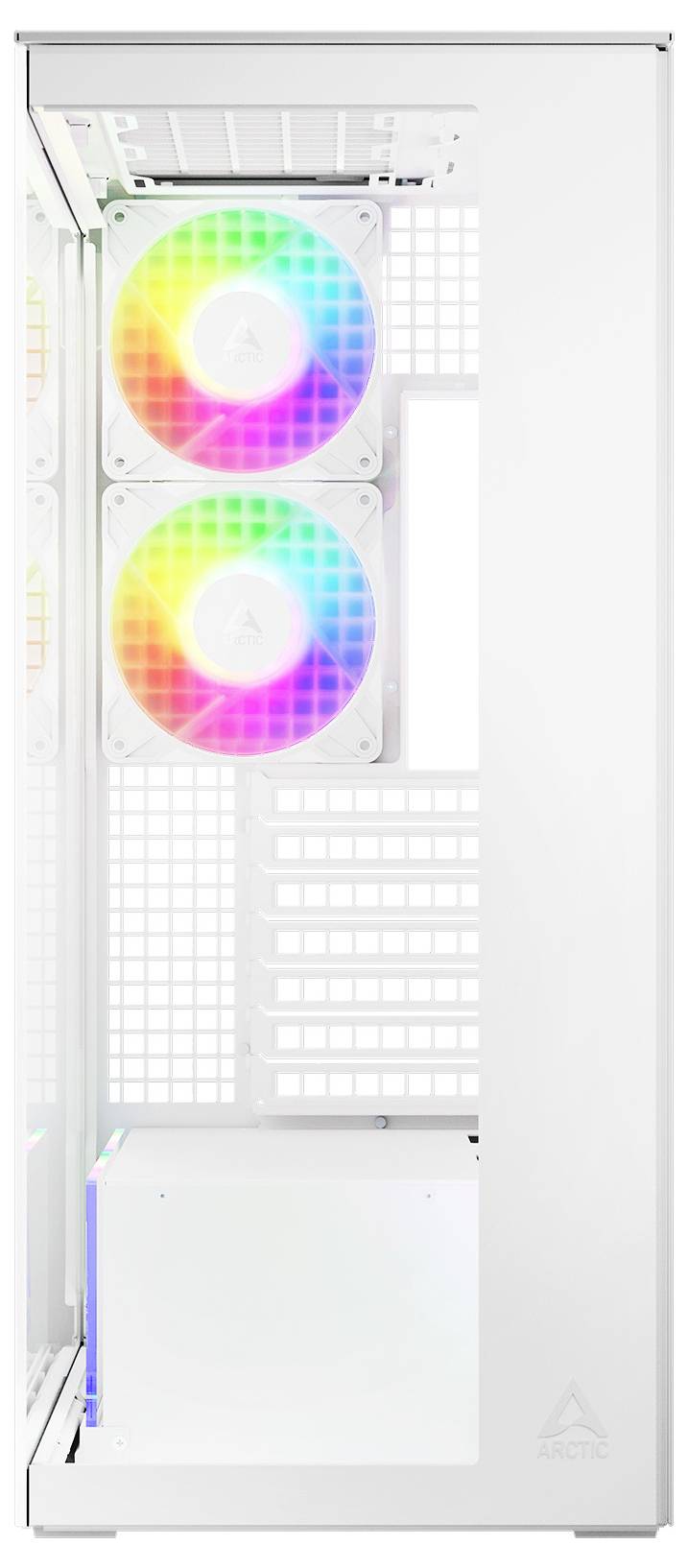 Biely počítačový kryt s dvoma farebnými LED ventilátormi, vetranými panelmi a minimalistickým dizajnom.