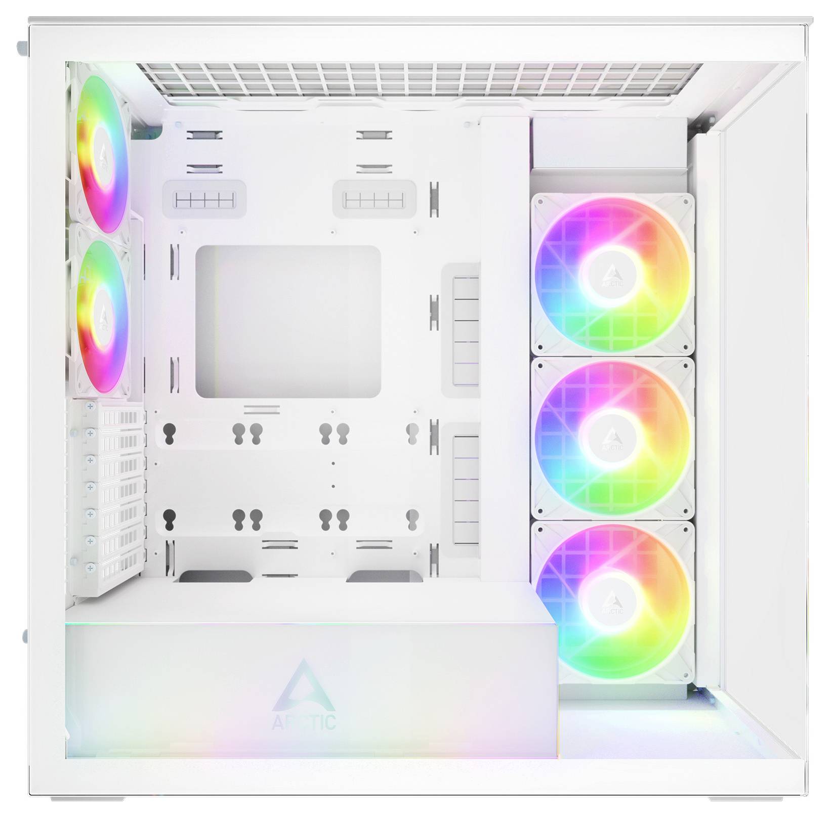 Biely počítačový kryt so skleneným bočným panelom má farebné RGB ventilátory a priestranný vnútorný priestor, navrhnutý pre custom PC zostavy.
