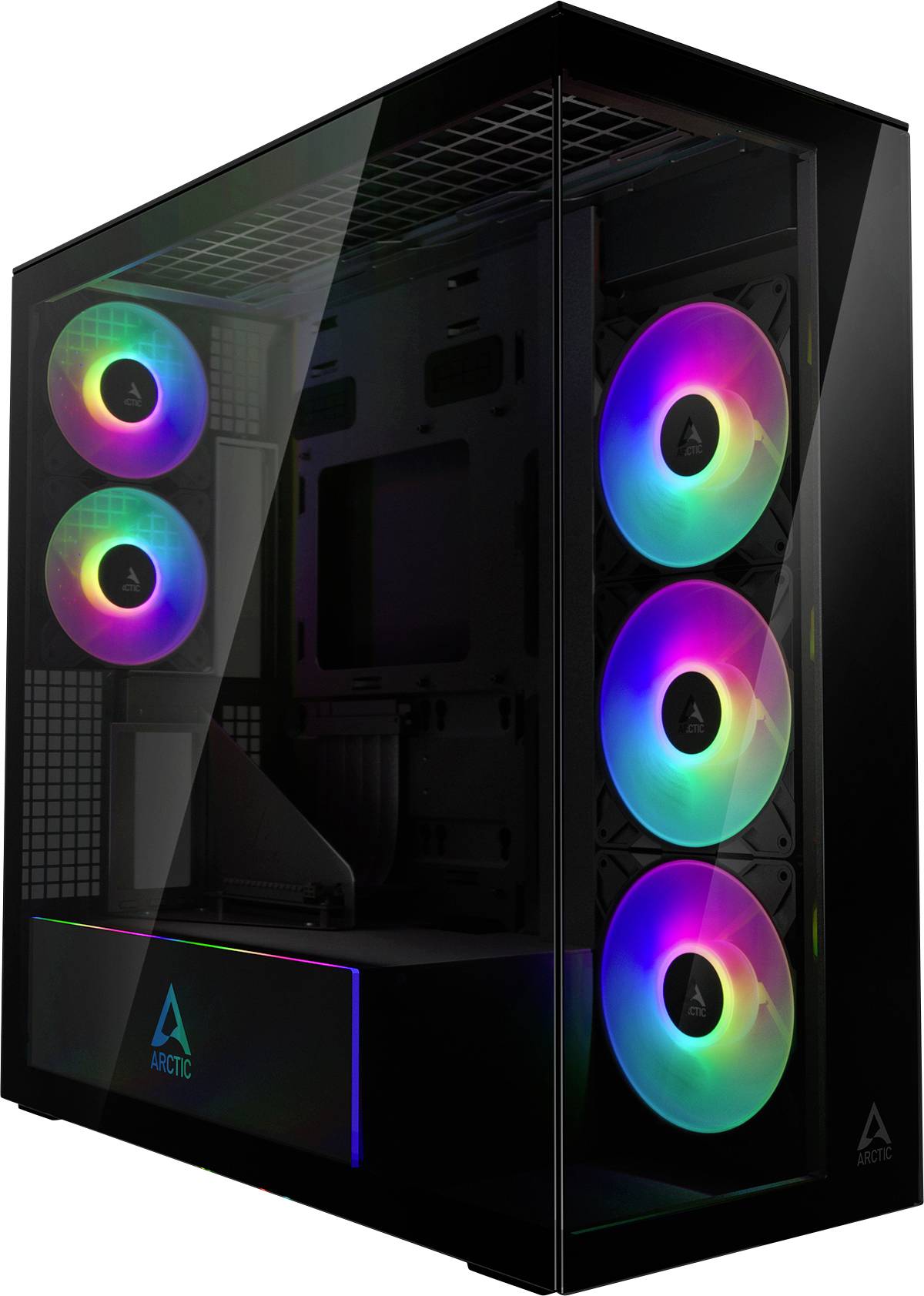 Elegantná čierna počítačová skrinka s priehľadnými panelmi odhaľujúcimi vnútorné RGB ventilátory svietiace v rôznych farbách. Logo Arctic je viditeľné.