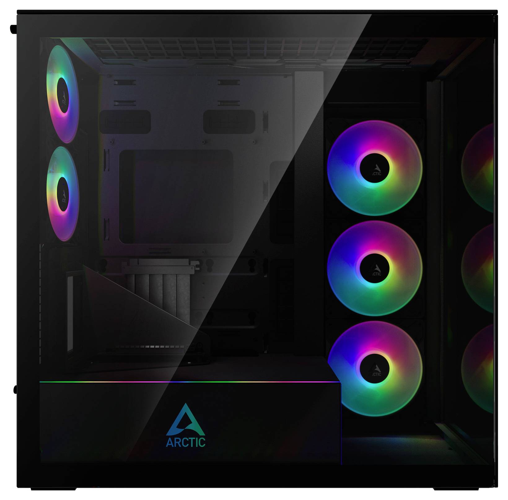 Herný počítačový case s piatimi farebnými RGB ventilátormi usporiadanými zvisle na pravej strane, viditeľný cez temperované sklo.