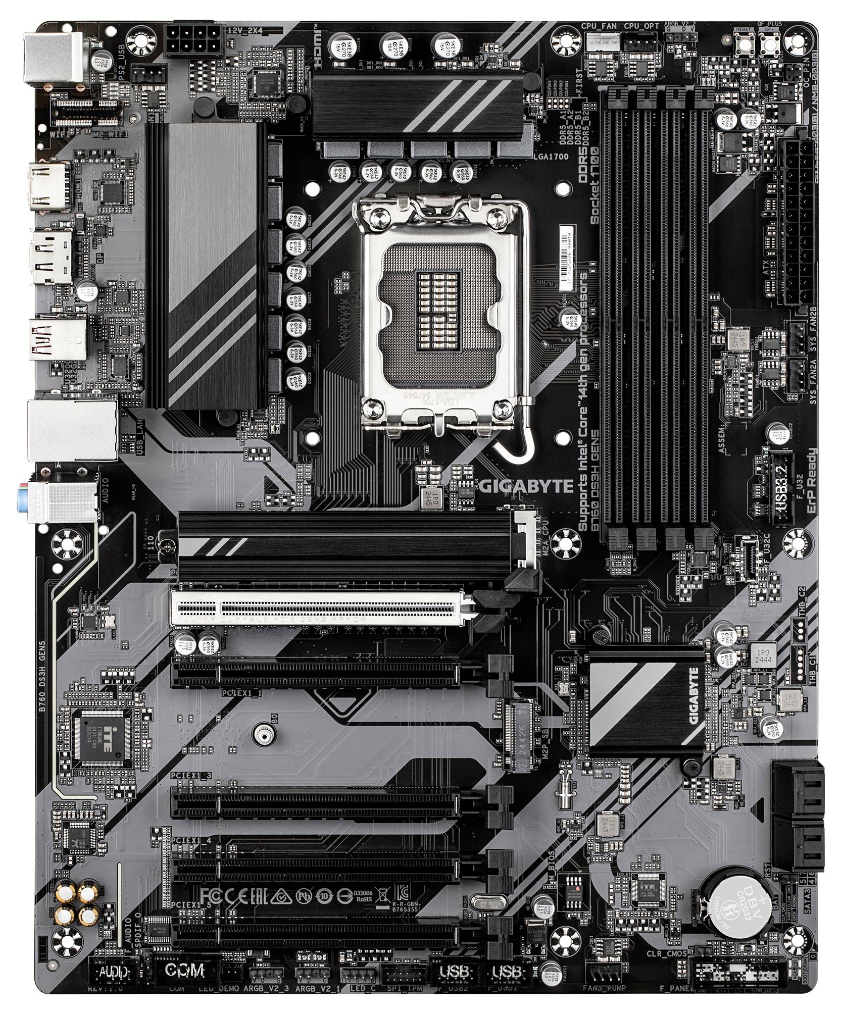 Počítačová základná doska s päticou procesora CPU, slotmi pre RAM pamäte, PCIe slotmi a rôznymi konektormi. Na doske je viditeľná značka 'Gigabyte'.