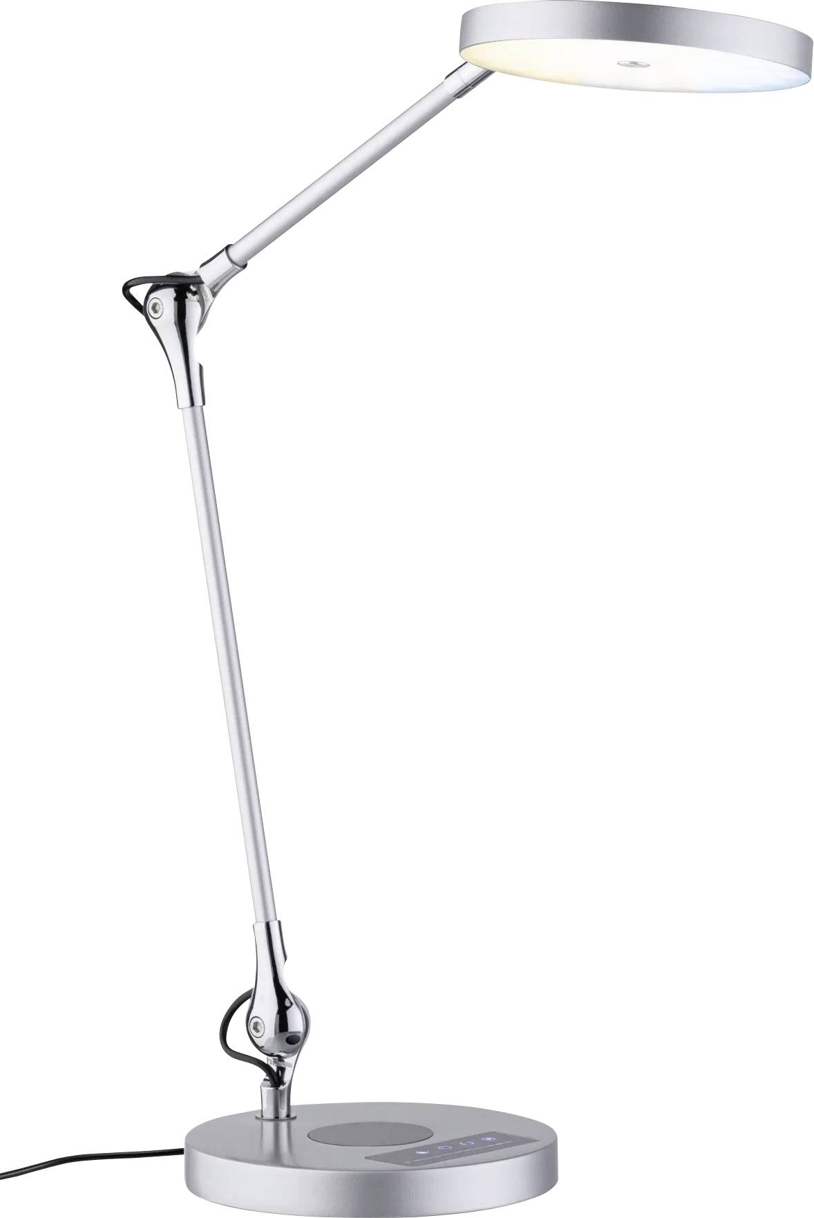 Moderná, nastaviteľná strieborná stolná lampa s okrúhlou LED hlavou a dotykovým ovládacím podstavcom, navrhnutá pre cielenú pracovnú osvetu.