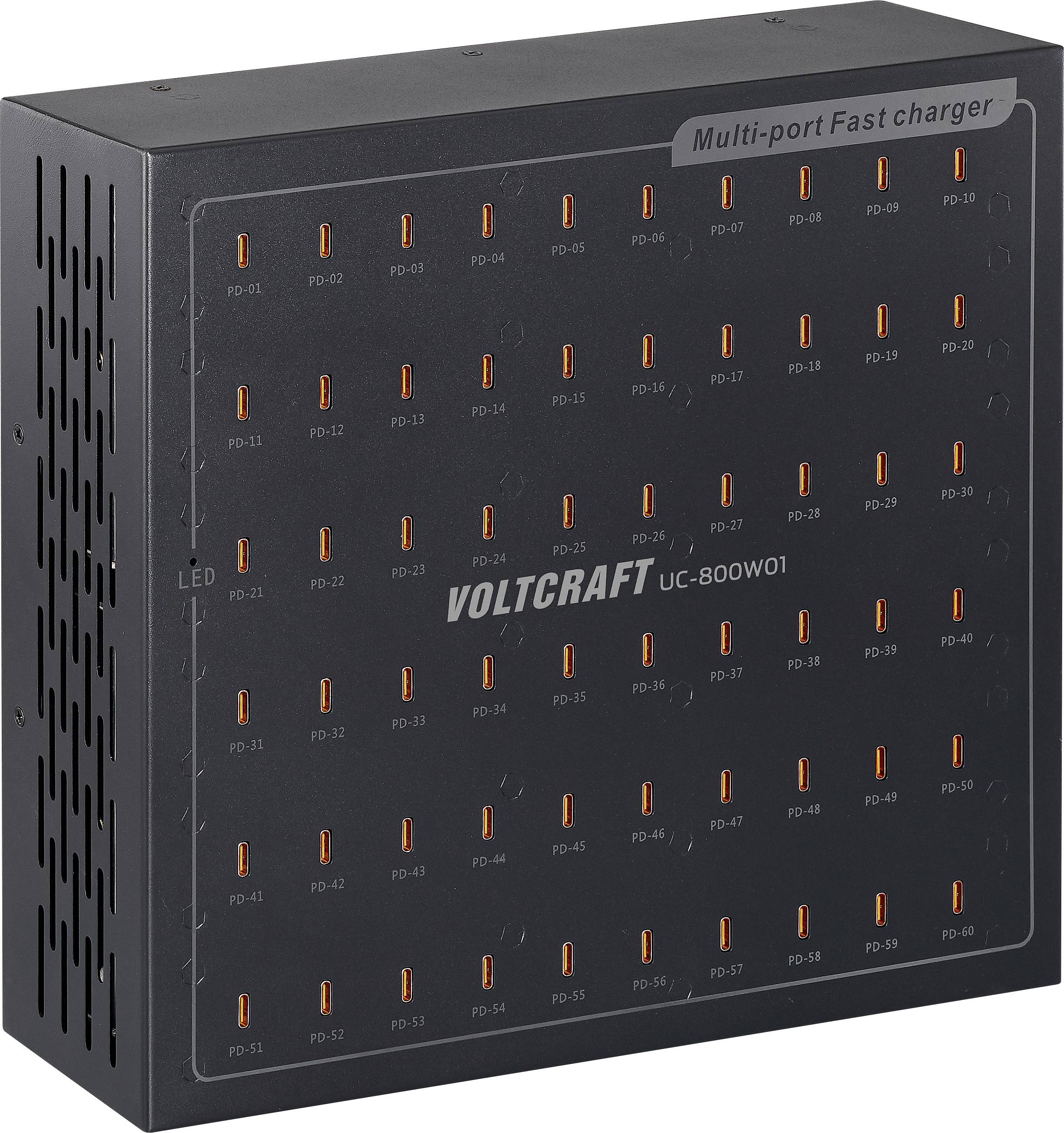 Voltcraft UC-800W01 multi-portová rýchlonabíjačka s 64 individuálnymi slotmi, LED indikátormi s označením a čiernym, obdĺžnikovým dizajnom.