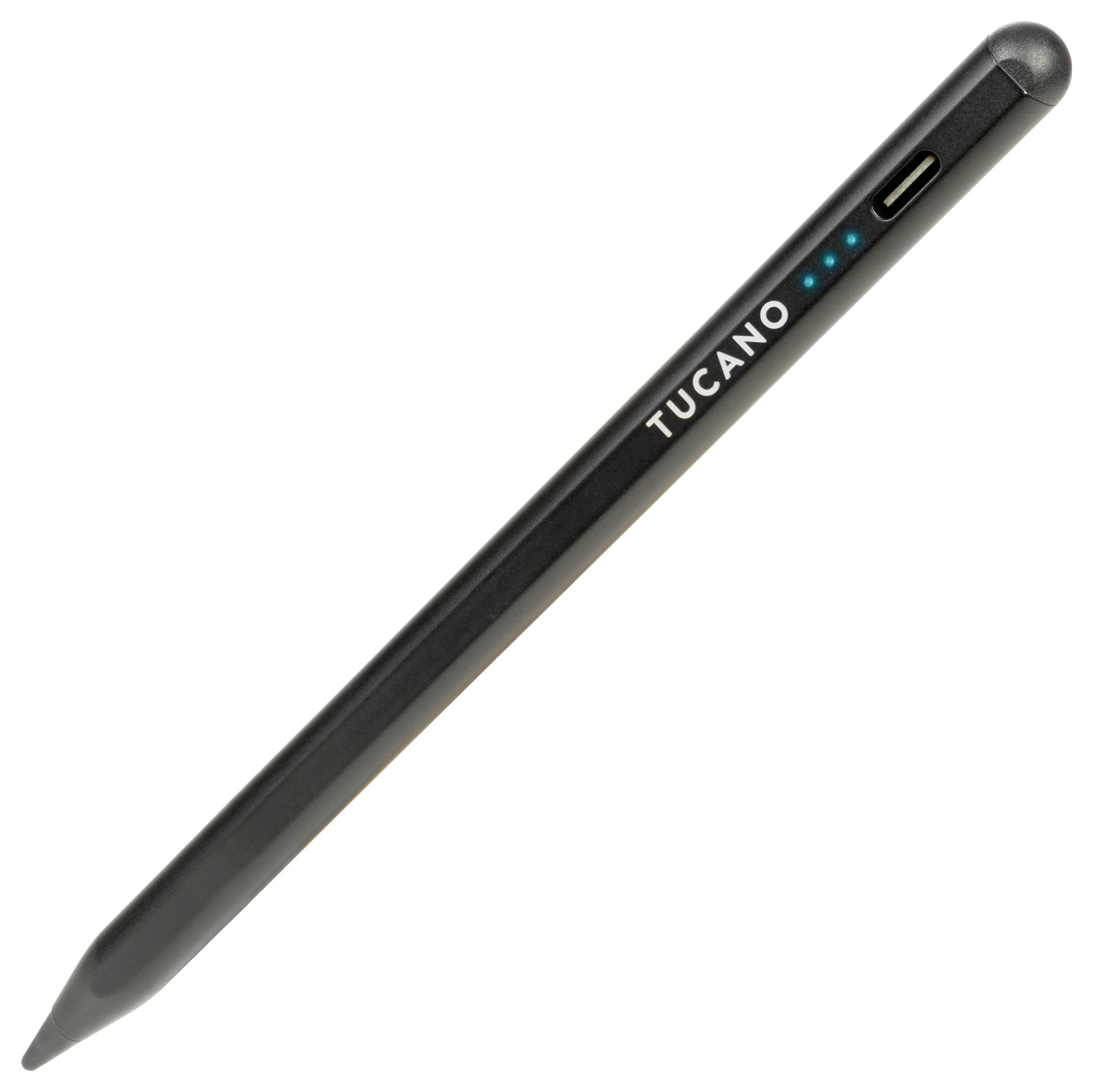 Pero so stylusom v čiernej farbe s nápisom 'Tucano' a malými modrými indikačnými svetlami na boku.