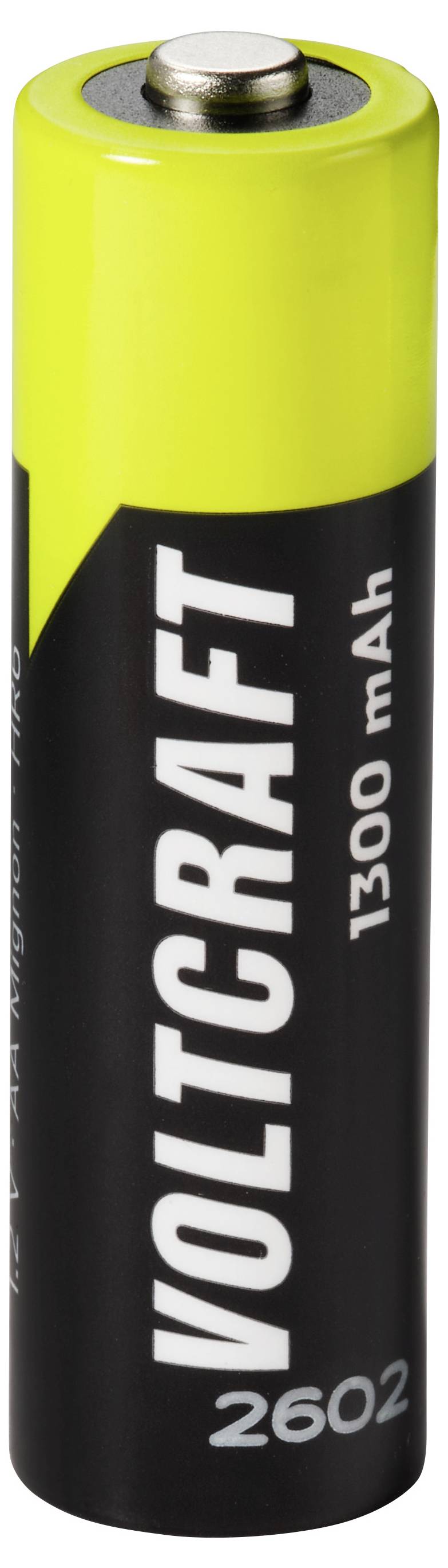 Čierna a žltá batéria Voltraft 1300 mAh AA stojaca vzpriamene na bielom pozadí.
