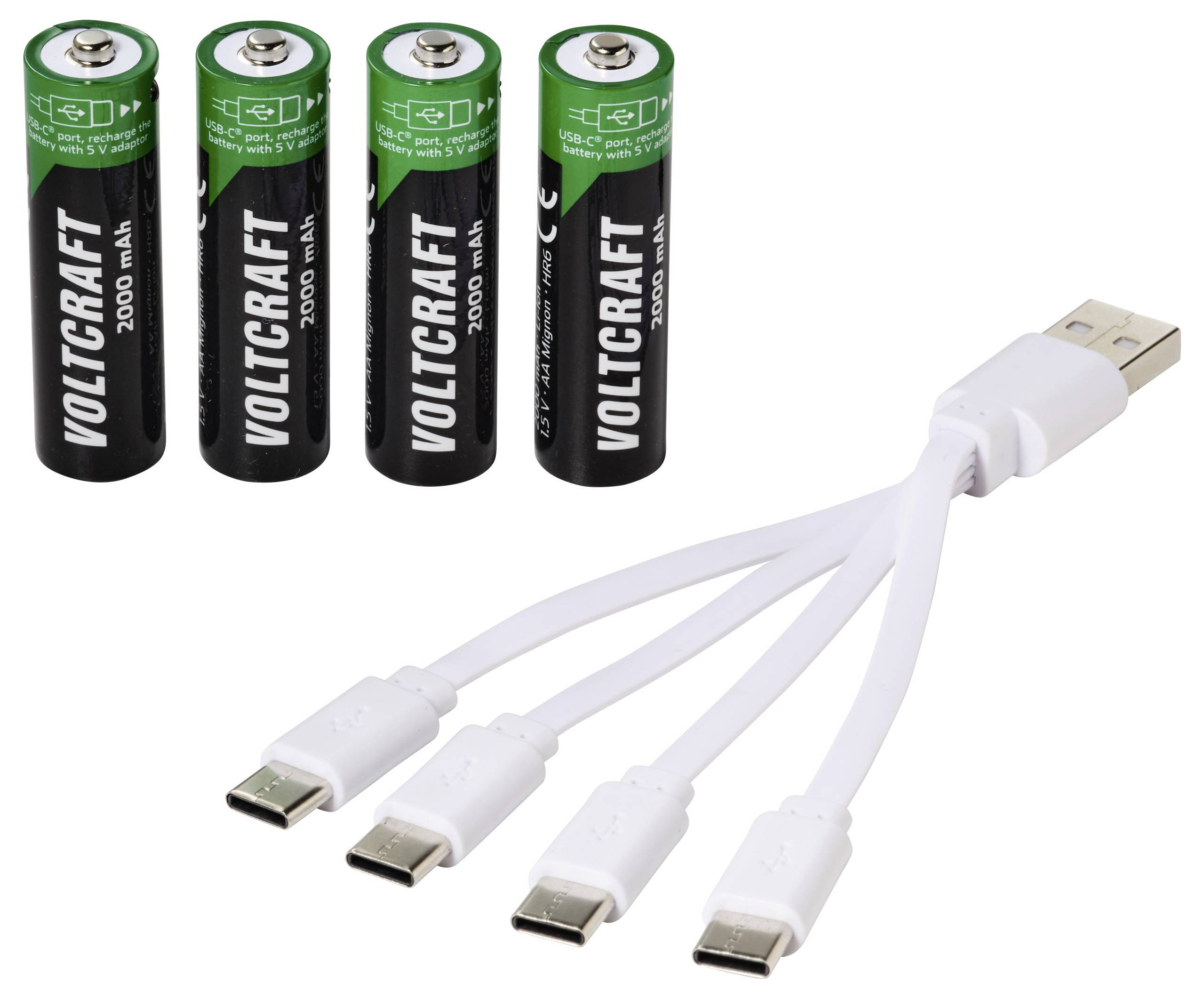 Štyri batérie Voltcraft 2000 mAh AA zobrazené s bielym USB káblom s rozdeľovačom na štyri konektor na nabíjanie.
