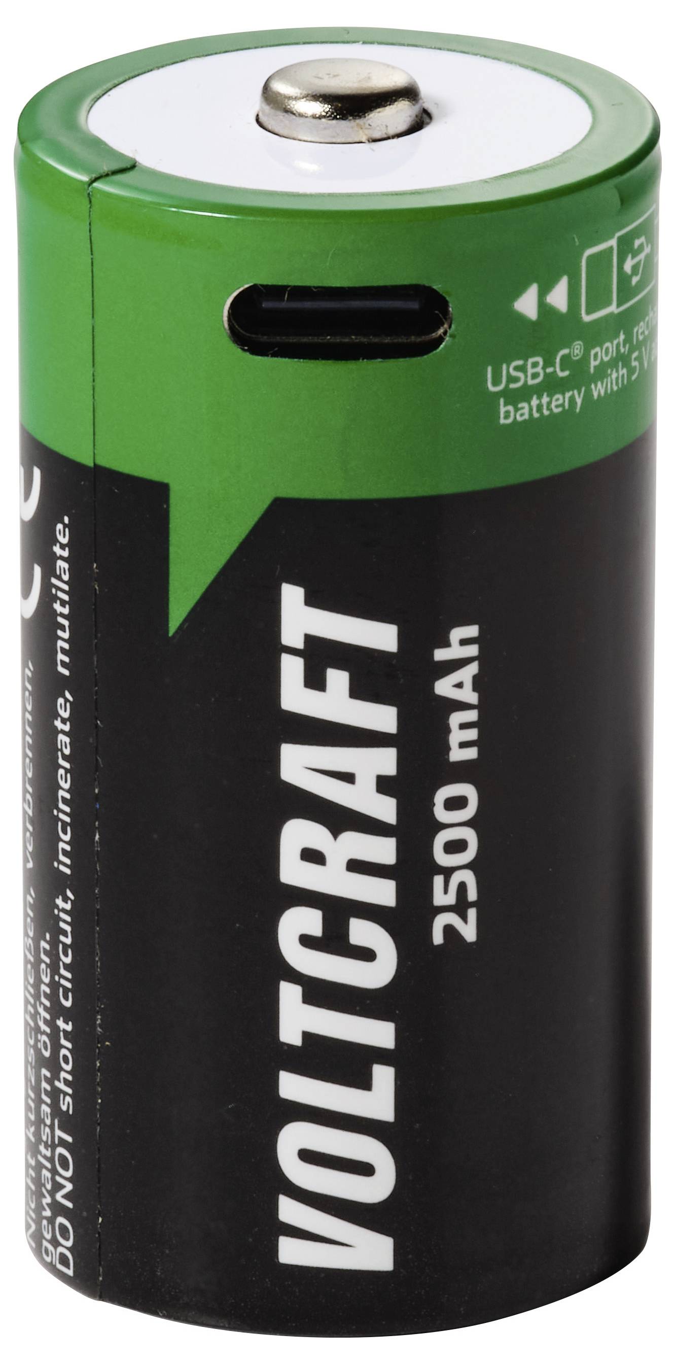 Zeleno-čierna nabíjateľná batéria VoltaCraft 2500 mAh s portom USB-C, zobrazená vzpriamene na bielom pozadí.