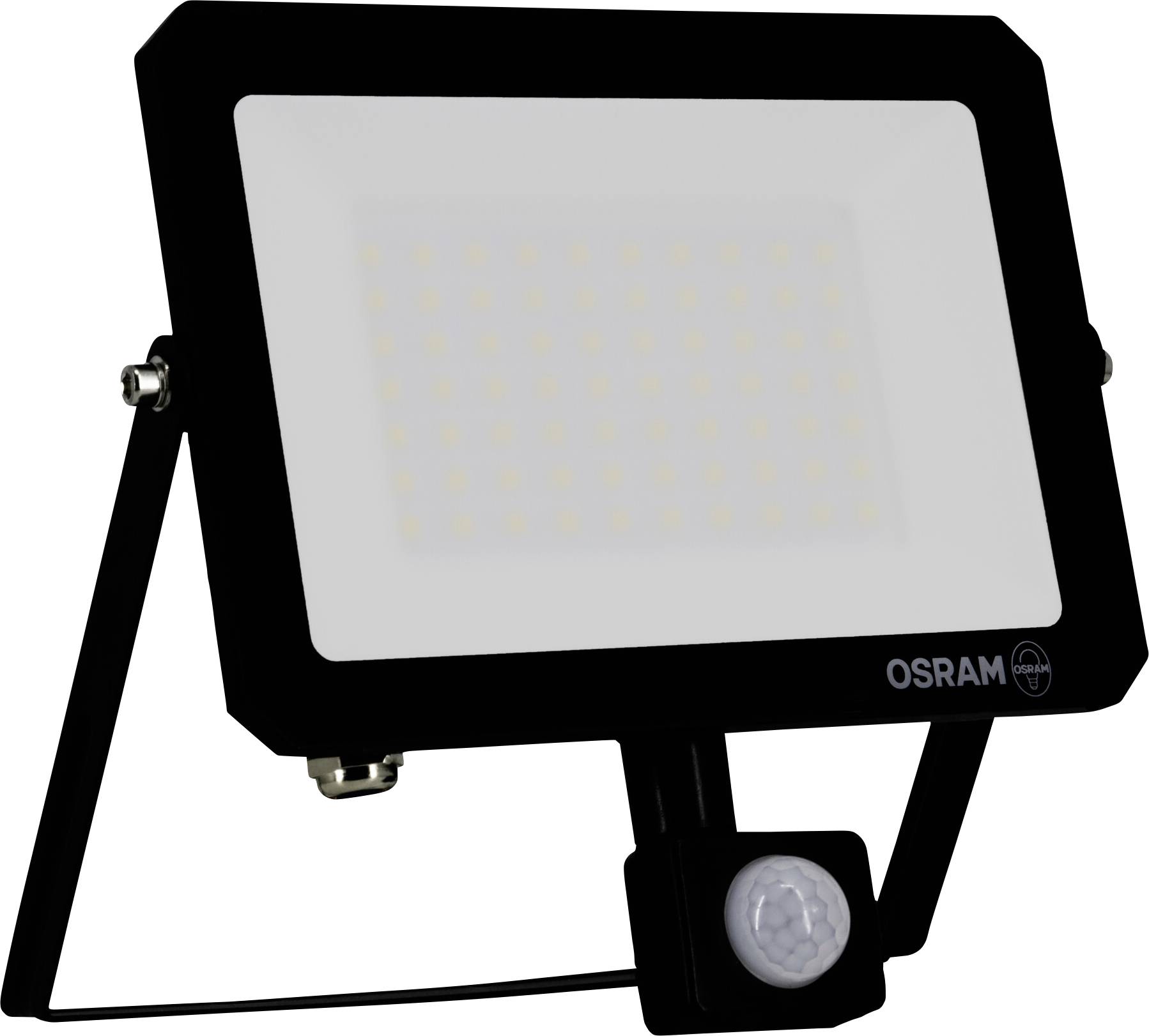 Vonkajšie LED halogénové svetlo s plochou obdĺžnikovou formou, vybavené snímačom pohybu pod svetelným panelom, navrhnuté na plošné osvetlenie priestoru.