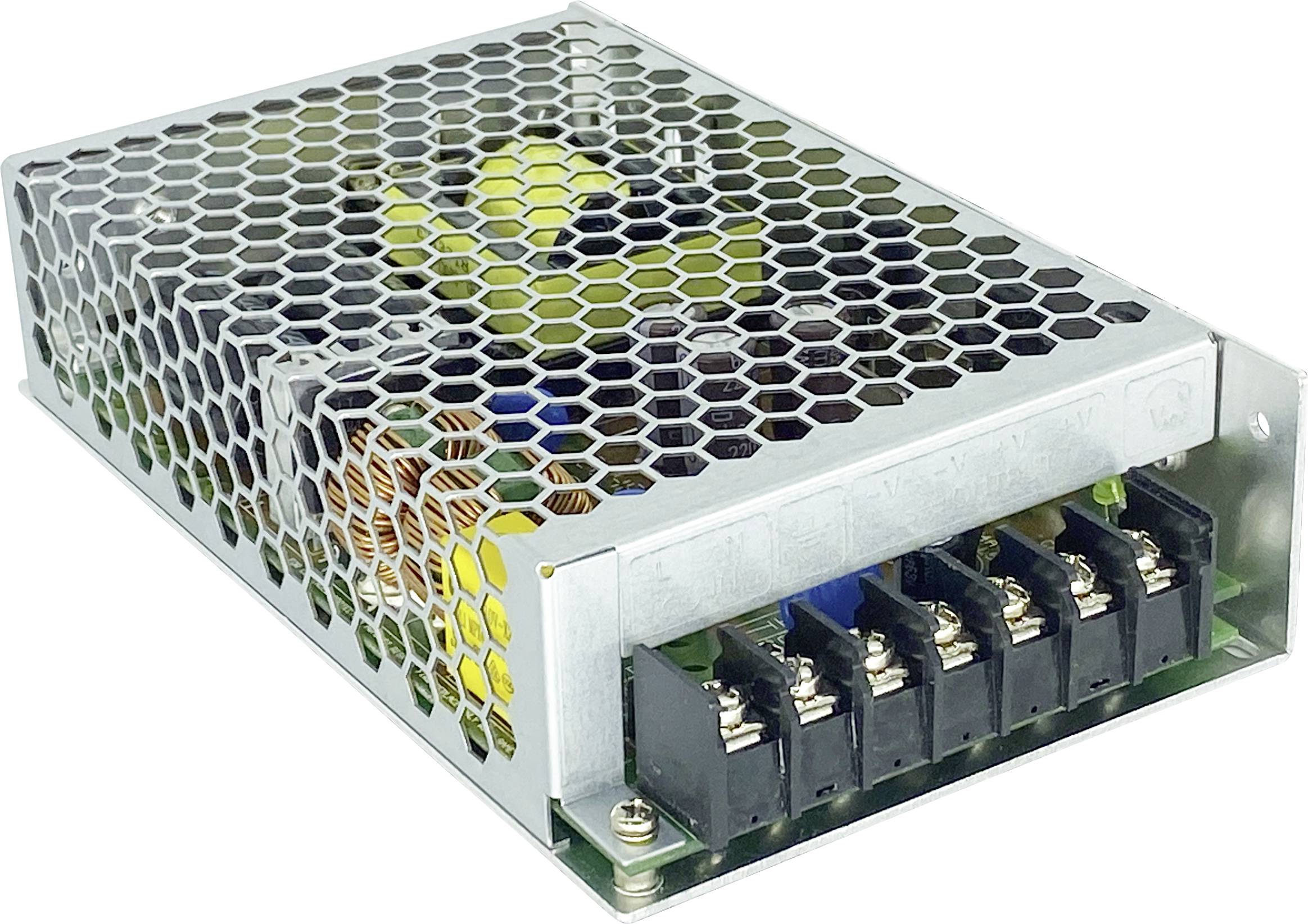 Kovový uzavretý spínací zdroj s hexagonálnou ventilačnou mriežkou a odhaleným terminálom pripojení na jednom konci.