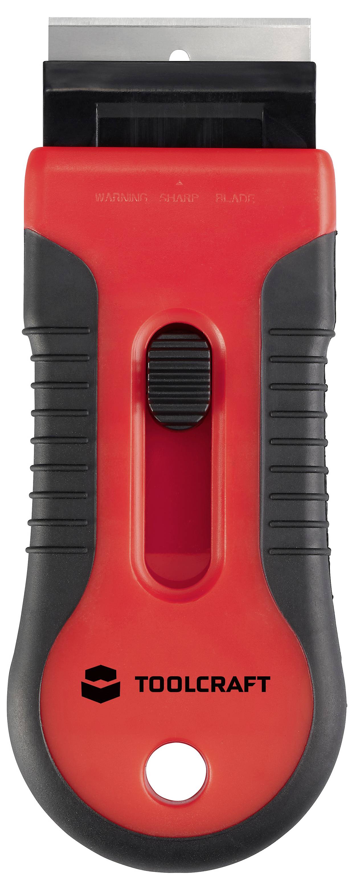 Škrabka značky "TOOLCRAFT" v červenej a čiernej farbe s vysunuteľným ostrim a ergonomickou rukoväťou.