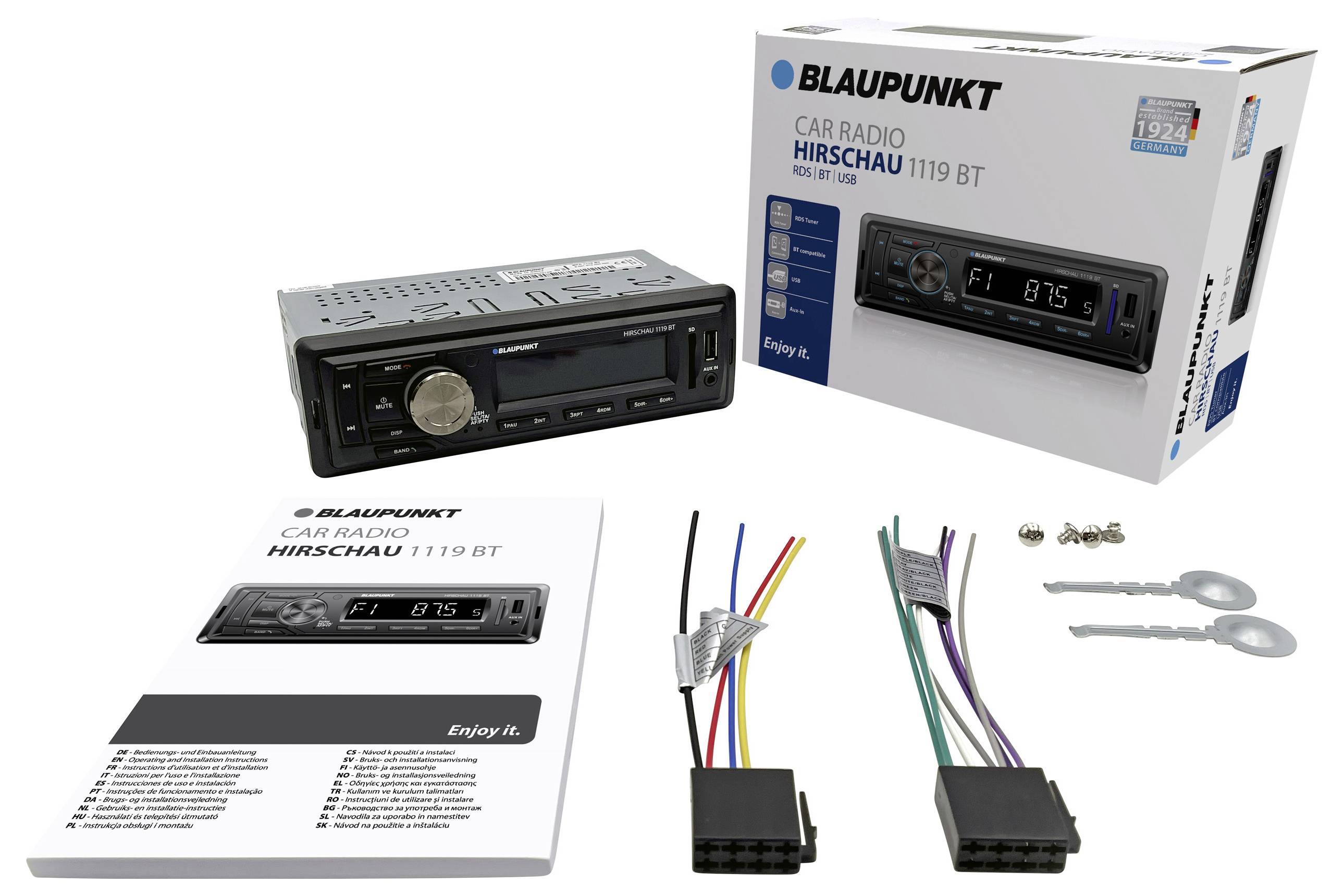 Autorádio obsahuje jednotku Blaupunkt Hirschau 1119 BT, návod na obsluhu, rôzne káble, kľúče a obalový box zobrazujúci obrázok produktu.