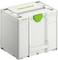 Sivý Festool Systainer úložný box so zelenou rukoväťou a logom Festool, ktorý sa používa na organizáciu a prepravu náradia.