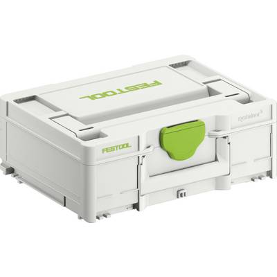 Biely Festool Systainer kufrík na náradie so zelenou rukoväťou vpredu, určený na organizáciu a prepravu nástrojov a vybavenia.