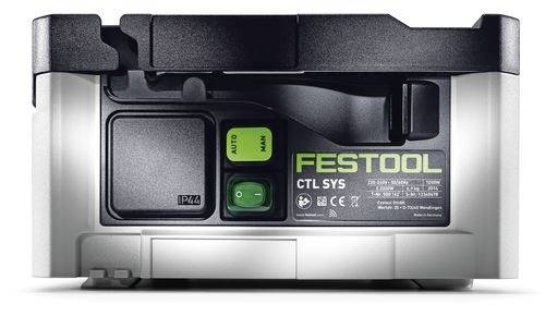Kompaktný mobilný extraktor prachu Festool CTL SYS v striebornom a čiernom dizajne, s ovládačmi označenými "AUTO" a "MAN".