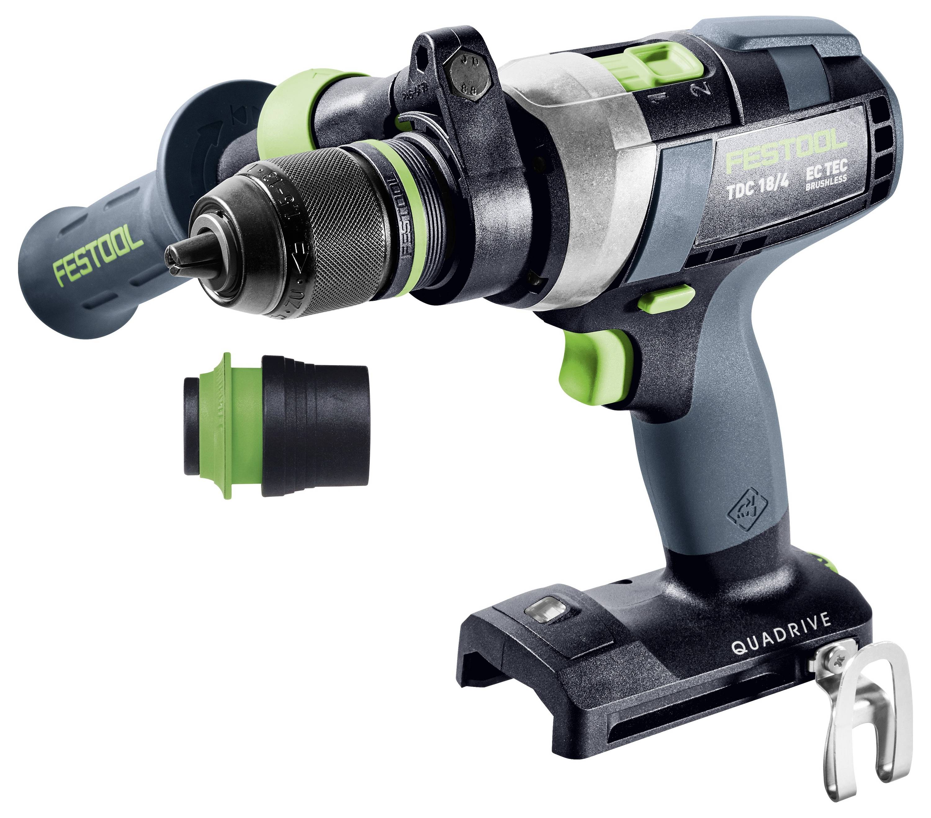 Bezdrôtová vŕtačka označená 'FESTOOL TDC 18/4 QUADRIVE' a 'EC TEC' zobrazujúca výmenný nástavec na vŕtanie.
