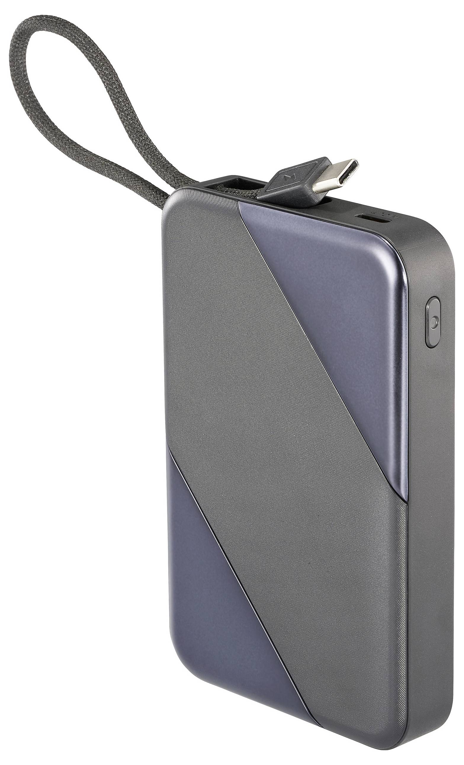 Štíhla, prenosná powerbank s geometrickým dizajnom, s vstavacím USB kabelom pripojeným v hornej časti a bočným tlačidlom na ovládanie.