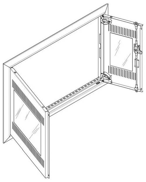 Diagram rohového klimatizačného zariadenia s otvorenými panelmi, zobrazujúci vnútorné ventilačné otvory a pánty, ilustrujúci rozmiestnenie komponentov a prístup.