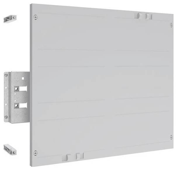 Sivý kovový panel s montážnymi úchytkami, určený na inštaláciu na stenu, pohľad z uhla.