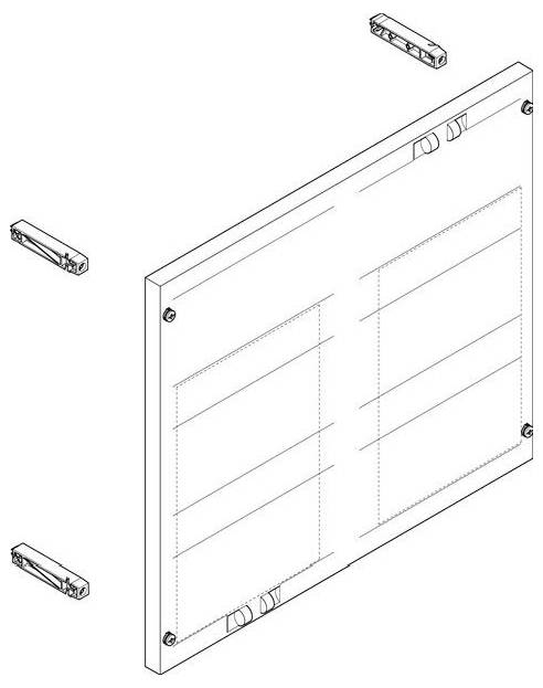 Diagram znázorňujúci panel so štyrmi montážnymi konzolami, ktorý naznačuje spôsob bezpečného upevnenia panela na povrch.