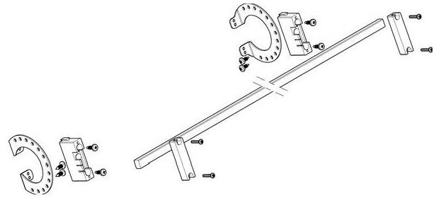 Diagram znázorňujúci montáž konzoly na záclonové tyče. Zahŕňa dva C-tvarované držiaky, montážne platne, skrutky a tyč.