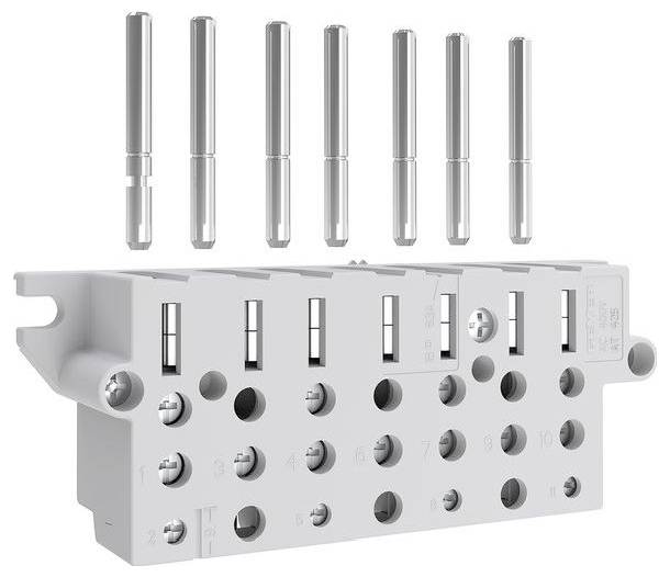Ventilový rozvádzač so šiestimi elektromagneticky ovládanými ventilmi a konektormi, ktoré sú zobrazené oddelene od hlavnej jednotky, používaný pre systémy riadenia tekutín.