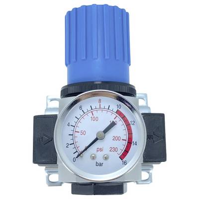 Tlakomer s modrým ventilom, zobrazujúci rozsah od 0 do 230 psi a 0 do 16 bar, používaný na reguláciu tlaku vzduchu.