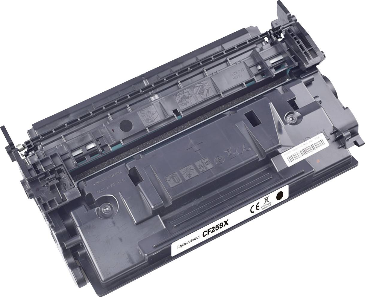 Čierny toner CF259X do laserovej tlačiarne s rôznymi symbolmi a čiarovým kódom na obale.