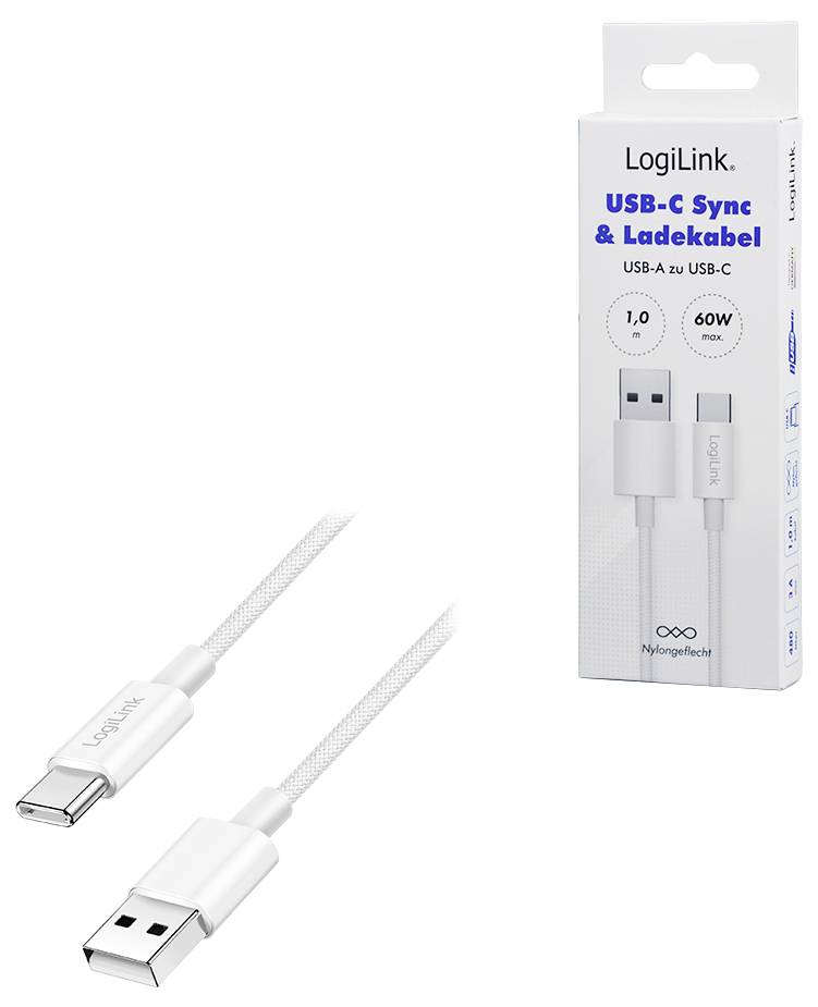 LogiLink USB-C na USB-A kábel, dĺžka 1 m, výkon 60 W, v bielej farbe s obalom zobrazujúcim obrázok produktu a technické špecifikácie.