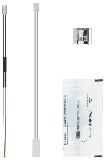 Kábel termostatu pre štíhly NUC zahŕňa kábel, kovovú svorku a tepelnú pastu.