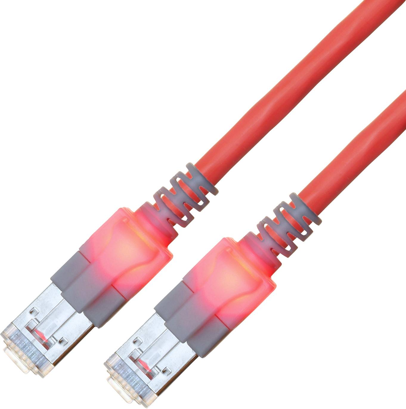 Dva červené ethernetové káble so svietiacimi konektormi, ktoré signalizujú aktívny prenos dát.