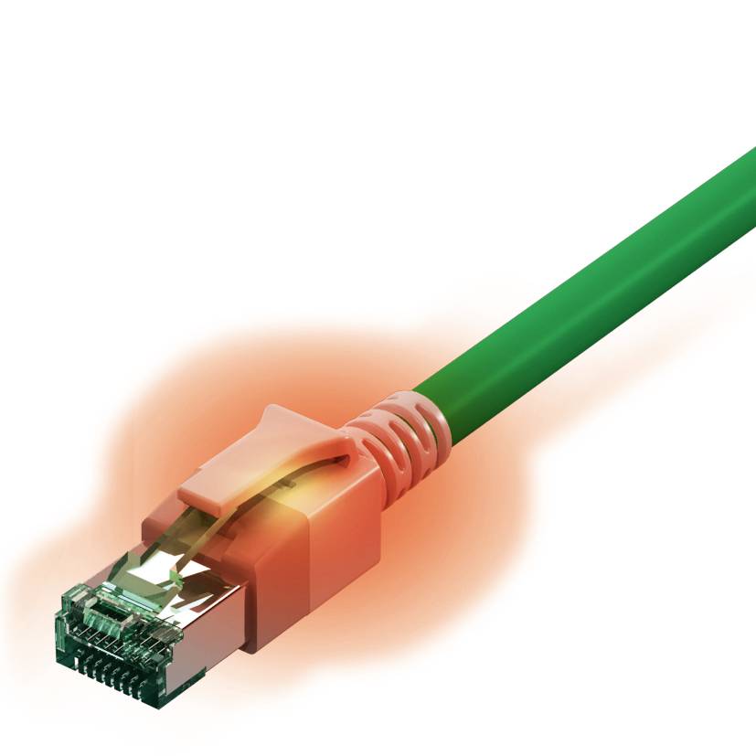 Obrázok zeleného ethernetového kábla s oranžovo svietiacim konektorom, ktorý reprezentuje aktívne sieťové pripojenie.