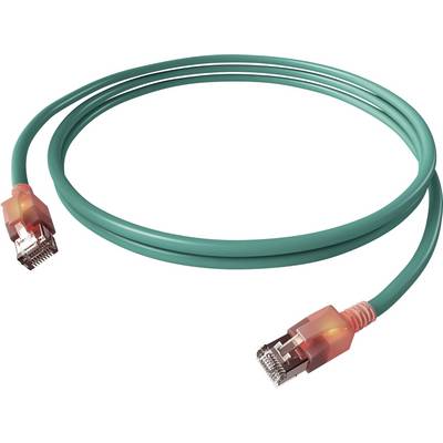 Tyrkysový ethernetový kábel s červenavo zafarbenými konektormi na oboch koncoch.