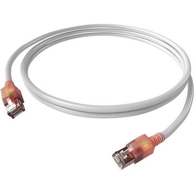 Biely ethernetový kábel so svetielkujúcimi červenými konektormi na oboch koncoch.