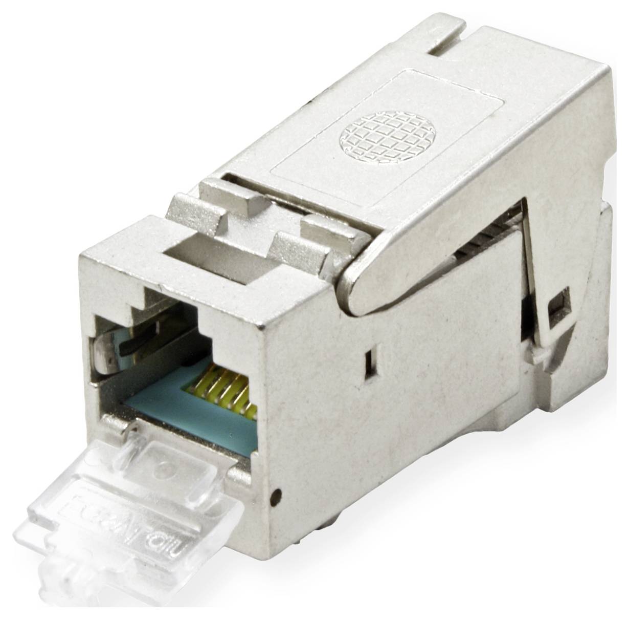 Strieborný ethernetový keystone konektor používaný pri sieťových inštaláciách, s RJ45 portom a viditeľnou vnútornou štruktúrou zapojenia.