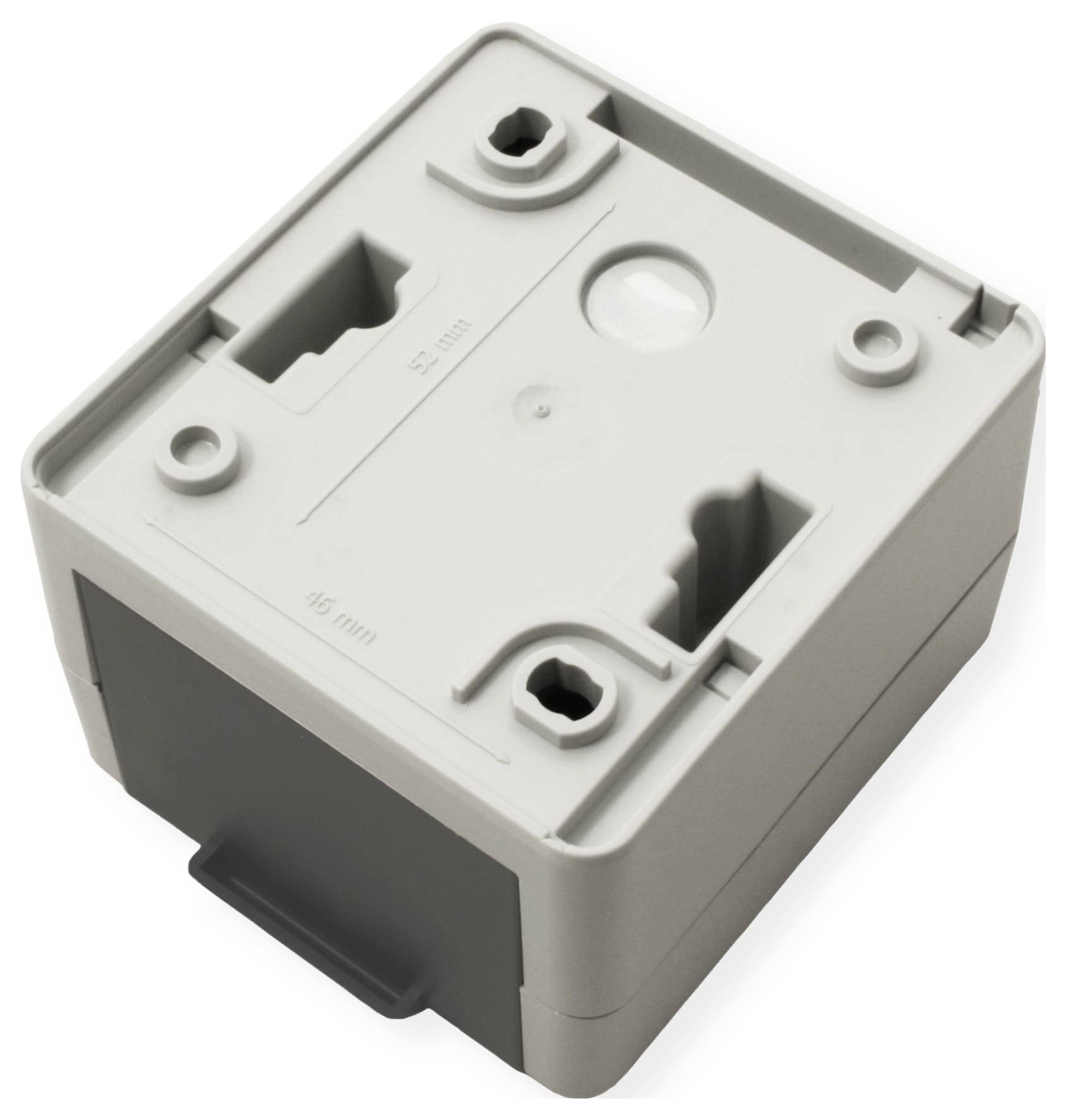 Béžový obdĺžnikový elektrický rozvodný box s vekom, ktorý má dva montážne otvory a vstupy pre káble.