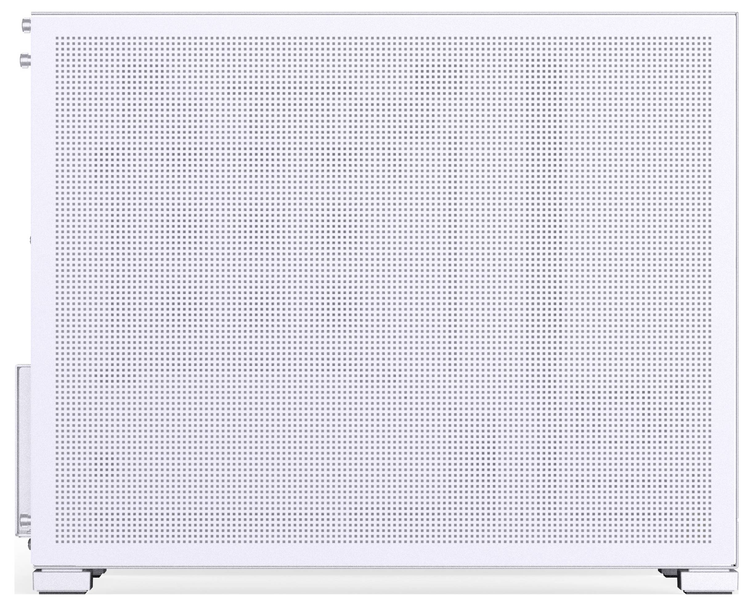 Biely, obdĺžnikový reproduktor s dierovanou mriežkou pokrývajúcou prednú stranu, umiestnený na jednofarebnom pozadí. Minimalistický dizajn.