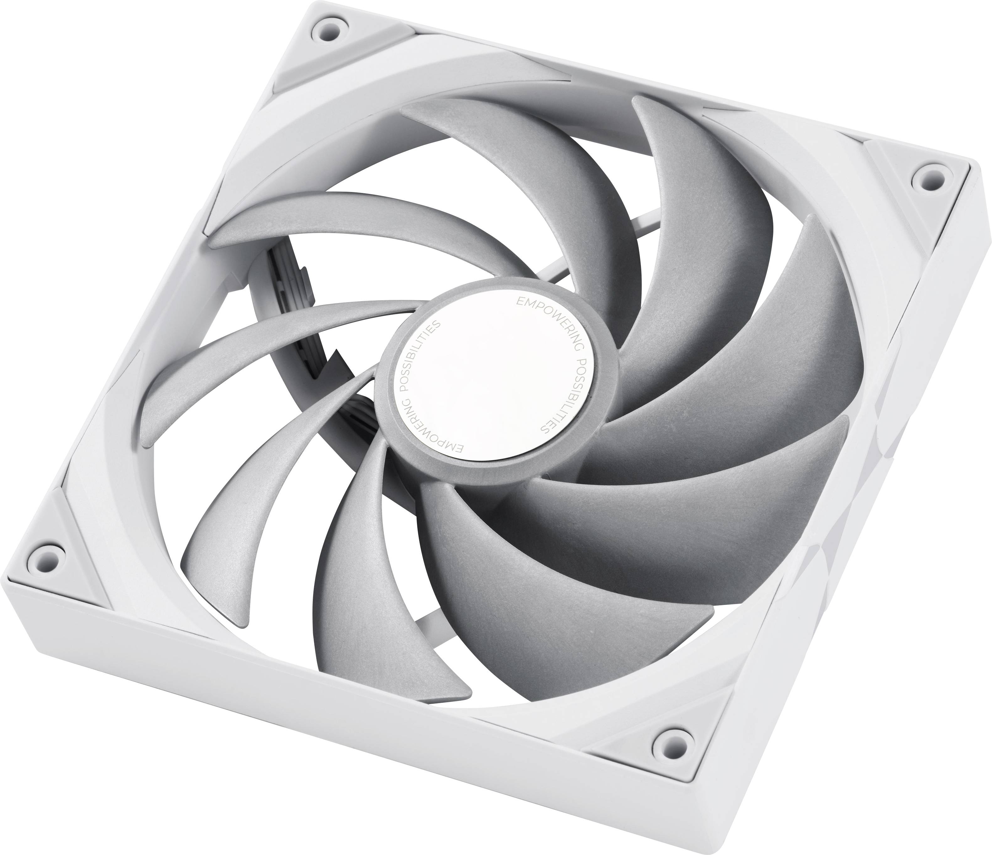 Štvorcový, biely počítačový ventilátor s ôsmimi zahnutými lopatkami, určený na chladenie počítačových komponentov.