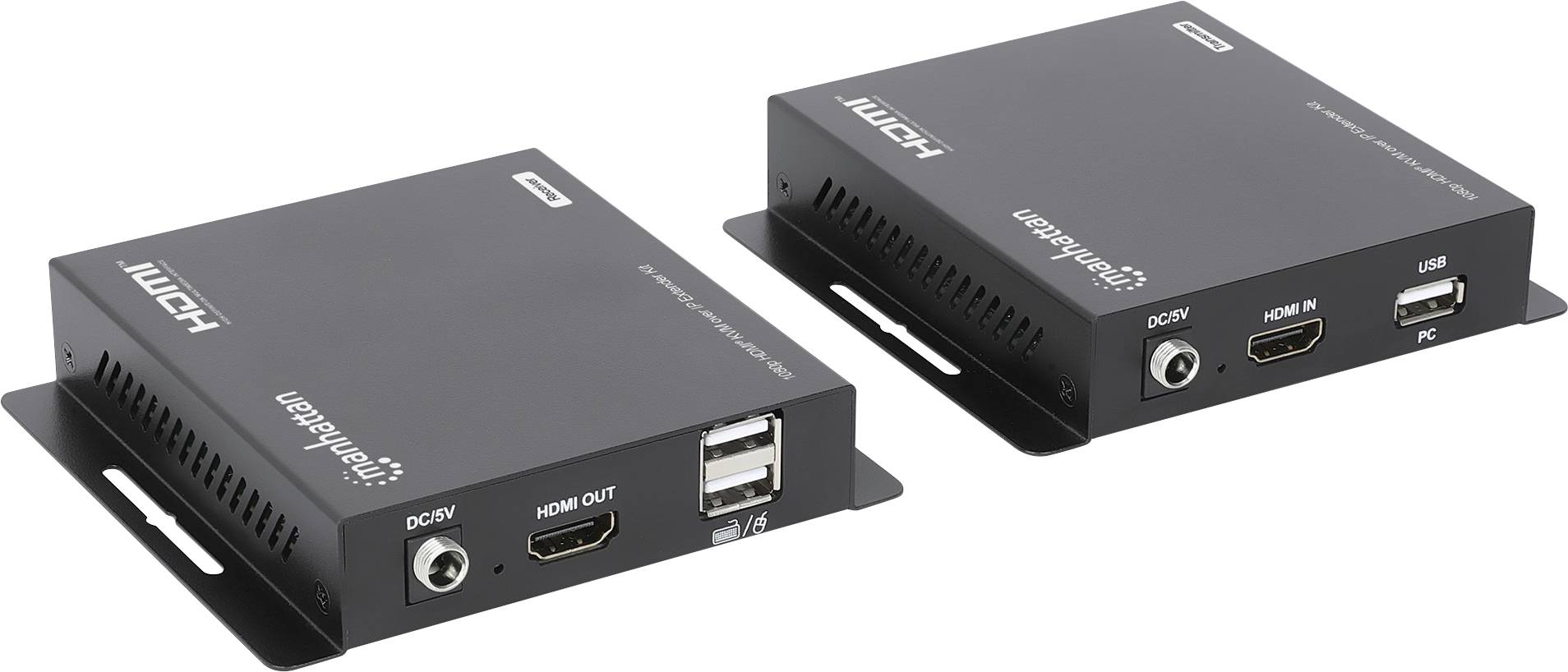 Dva čierne videointerfejsové zariadenia s portmi HDMI označenými ako "HDMI OUT" a "HDMI IN". Každé má vstupy pre USB a napájanie DC.