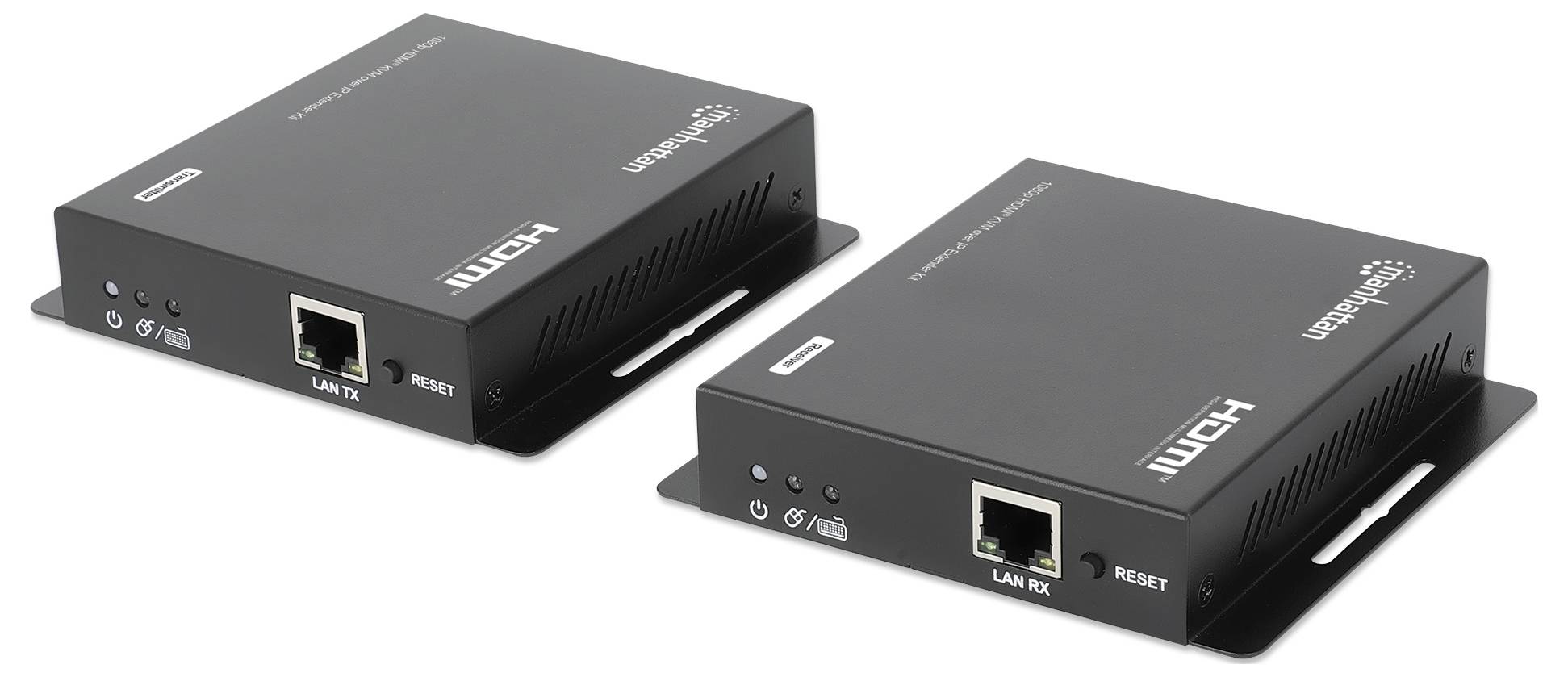 Dva čierne digitálne zariadenia označené ako "HDMI Extender" s LAN portami a resetovacími tlačidlami. Jedna jednotka je označená ako "LAN TX", druhá ako "LAN RX".