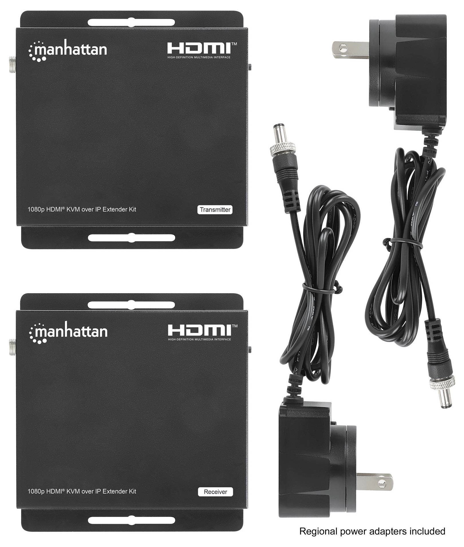 Súprava predlžovača Manhattan HDMI cez IP obsahuje vysielač, prijímač a regionálne napájacie adaptéry, ktorá sa používa na rozšírenie HDMI signálov.