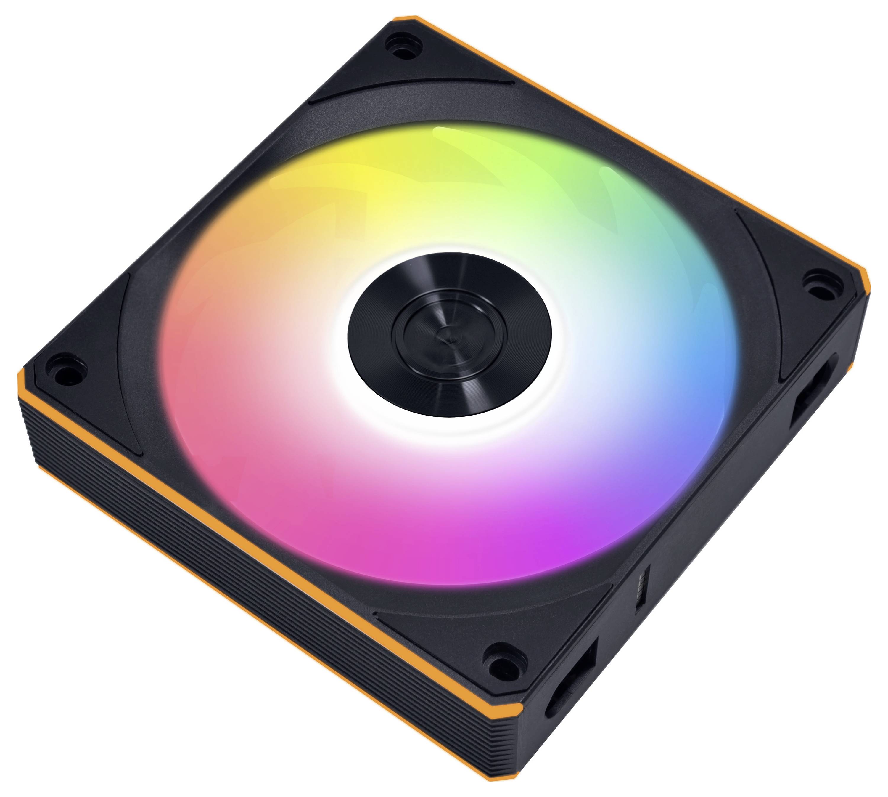 Štvorcový počítačový ventilátor s RGB podsvietením zobrazujúci gradient farieb vrátane žltej, zelenej, modrej, ružovej a bielej.