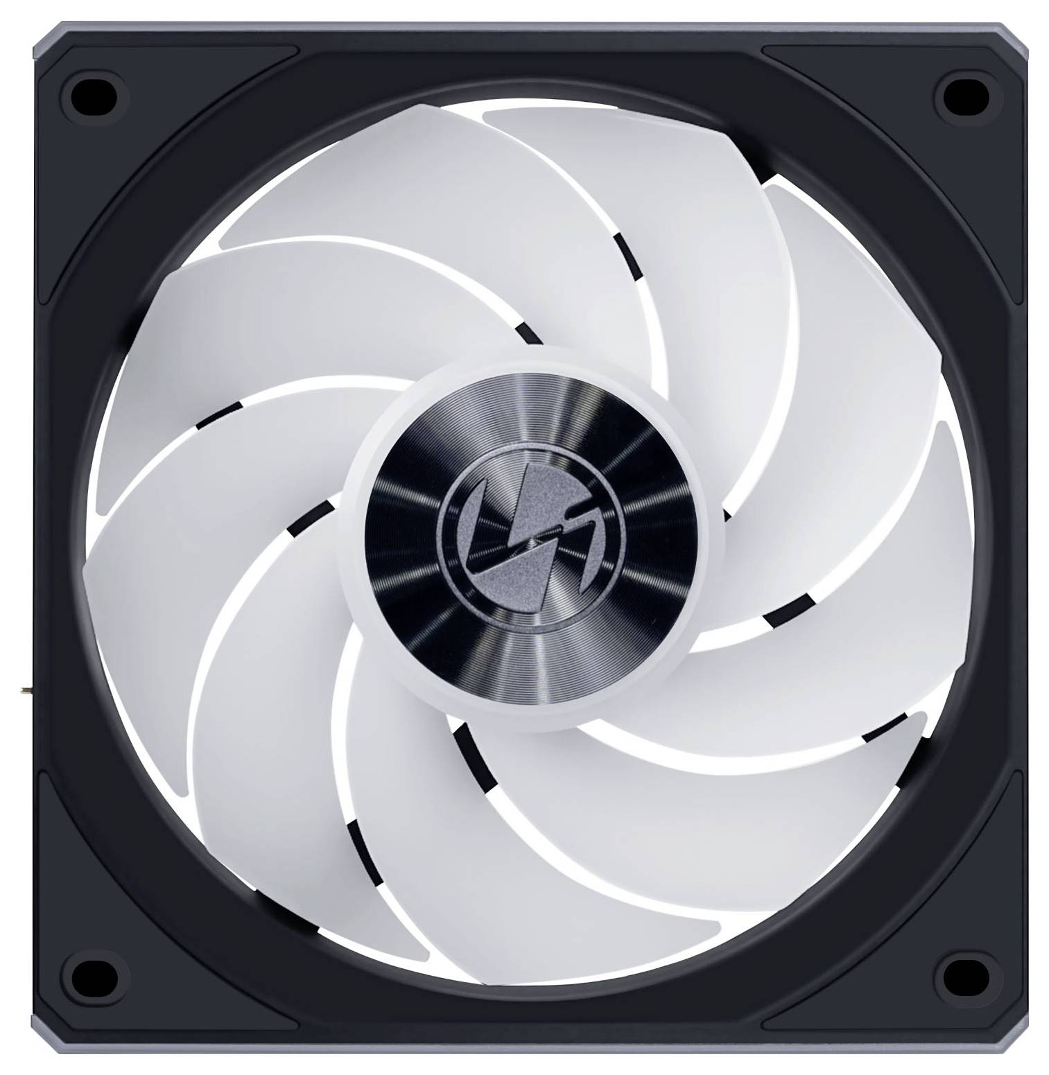 Čierno-biely počítačový chladiaci ventilátor so špirálovo navrhnutým tvarom lopatiek a logom v strede.