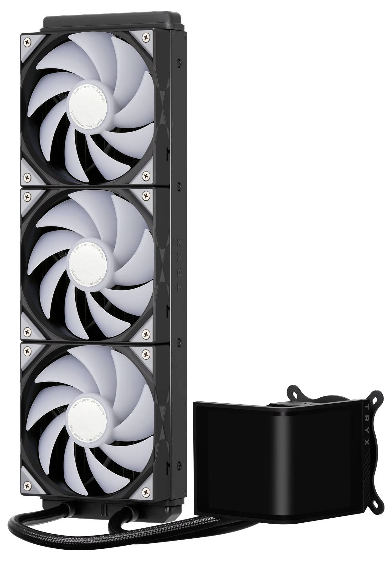 Počítačový systém kvapalinového chladenia s tromi veľkými ventilátormi a chladičom, navrhnutý pre efektívne odvod tepla, prepojený pomocou hadíc.