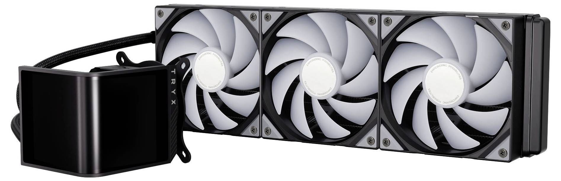 Chladiaci systém s tromi ventilátormi a pripojeným elegantným čiernym obdĺžnikovým čerpadlom, používaný na rozptyľovanie tepla v počítačových zariadeniach.