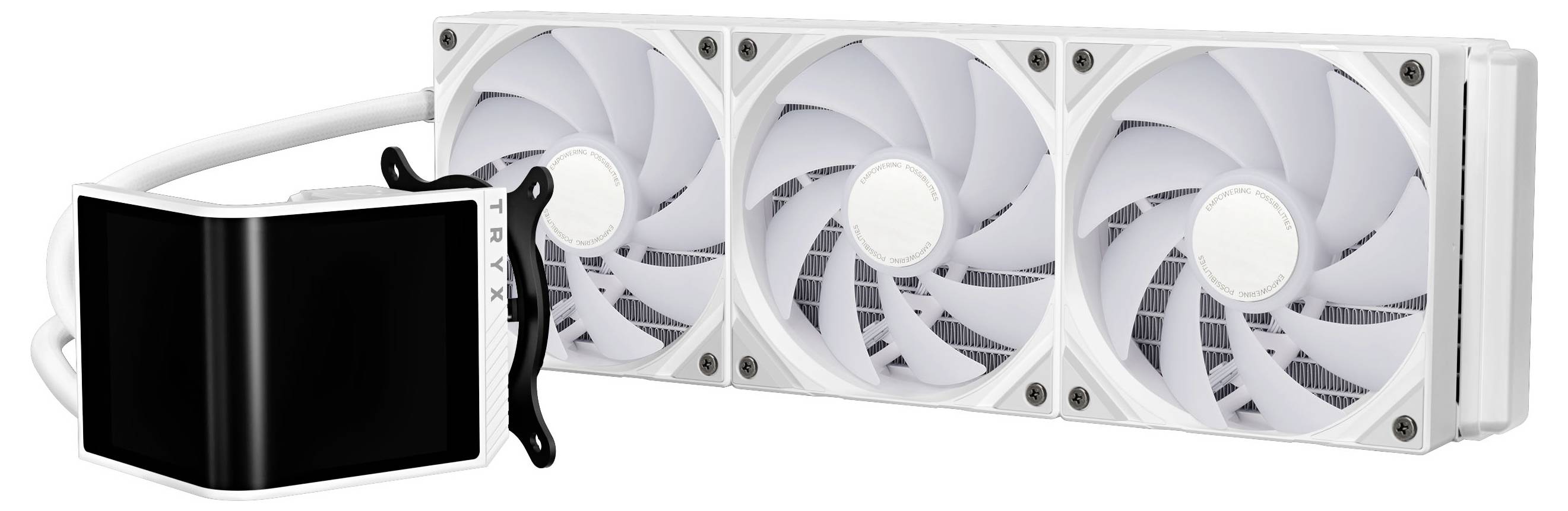 Biely systém kvapalinového chladenia počítača s tromi ventilátormi a kompaktným radiátorom, navrhnutý pre efektívne odvod tepla v počítačoch.