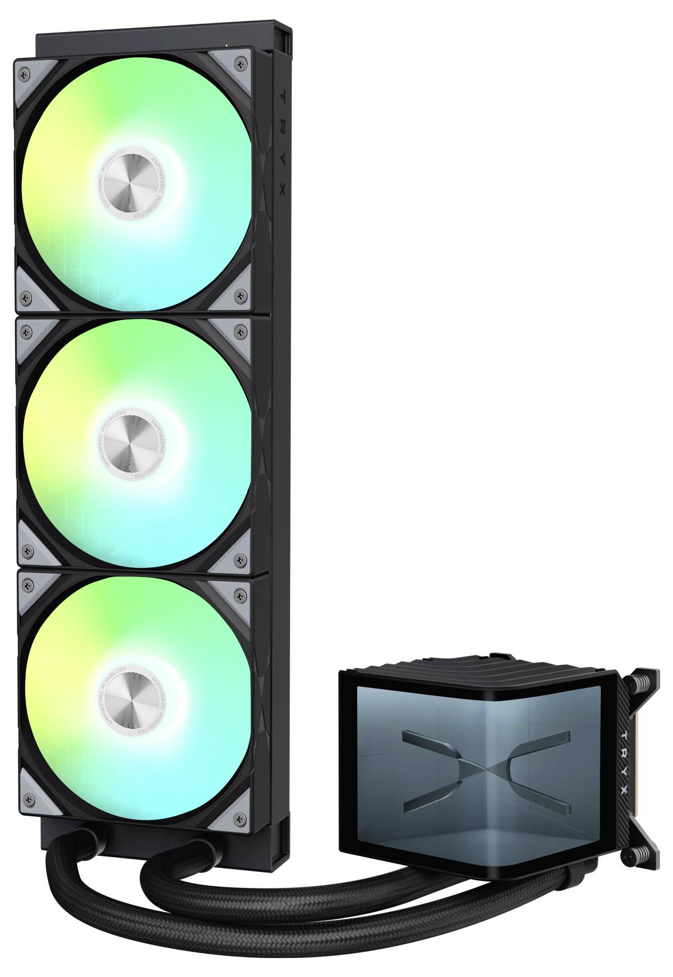 Počítačový systém kvapalinového chladenia s troma osvetlenými ventilátormi na radiátore a blokom CPU, navrhnutý pre efektívne riadenie teploty.